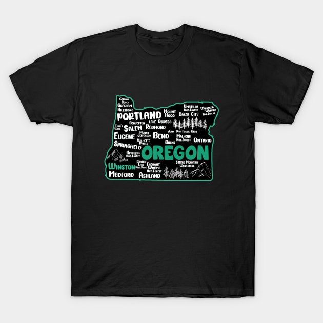 Cute map of Winston Oregon, Portland, Salem, Eugene, Springfield, Bend, Ontario, Medford T-Shirt by BoogieCreates